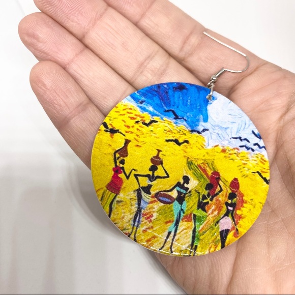 2/$25💛 Yellow Painted African Art Wooden Earrings - Picture 2 of 8